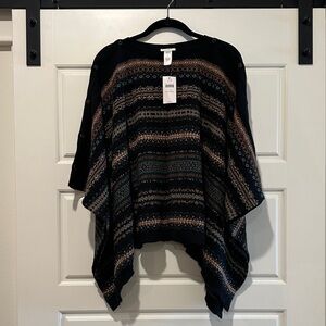 Women's Black and Brown Patterned Sweater Pancho